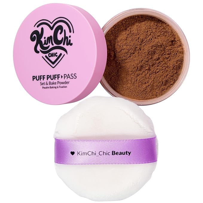 KimChiChic Beauty Puff Puff Pass Set and Bake Setting Powder for Makeup, Extra Fluffy Loose Face Powder Poof, Soft Natural Face Makeup for Uneven Skin Tone, 07 Cocoa