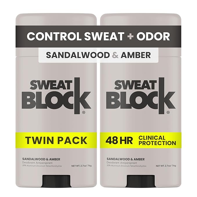 SweatBlock Clinical Strength Deodorant and Antiperspirant for Men and Women Sandalwood & Amber Scent 2 Pack 48 Hour Protection Against Odor & Excessive Sweat Ideal for Active Lifestyles and Daily Use
