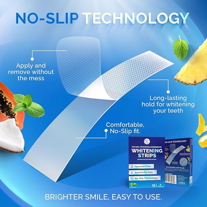 Teeth Whitening Strips for Sensitive Teeth and Gums - Peroxide Free and Enamel Safe with Coconut Oil for Whiter Teeth - 7-Day Treatment White Strips with Non-Slip and Dry-Strip Technology