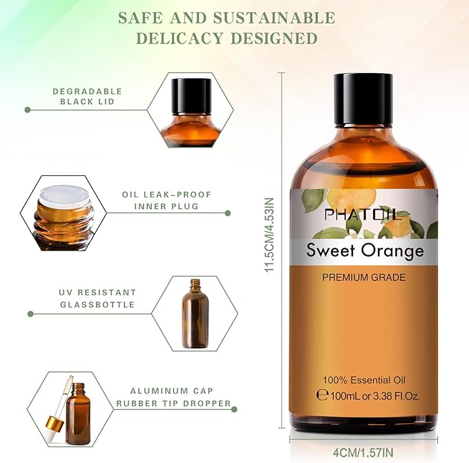 Sweet Orange 3.38fl.oz Essential Oil, PHATOIL Aromatherapy Essential Oils for Diffuser, Humidifier, Perfect for DIY Soap, Candle, Bath Bombs Making(100ml)