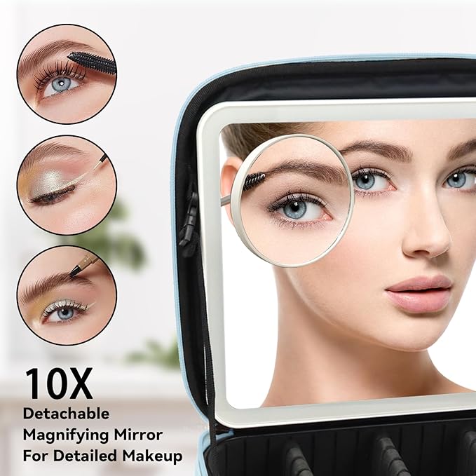 SLUMAZI Travel Makeup Bag with LED Mirror and 10x magnifying glass with 3 Lighted Settings, Adjustable Dividers and Makeup Brush Storage Bag Light Blue