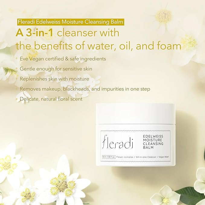 fleradi Edelweiss Cleansing Balm – Vegan Makeup Remover and Face Cleanser with Natural Flower Extracts. Korean Skincare, No Parabens or Sulfates (3.38 fl oz)