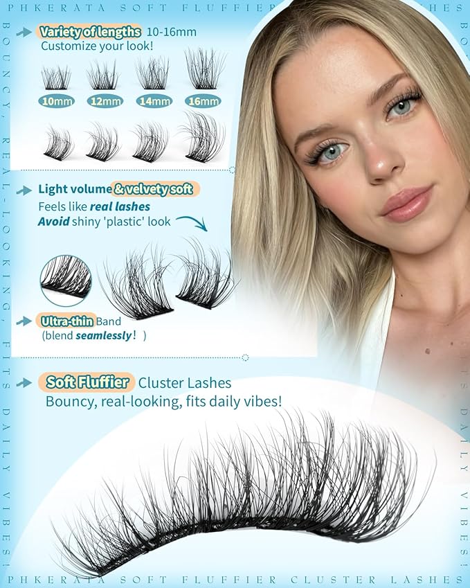 Wispy Lash Clusters Natural Eyelash Clusters 180Pcs Cluster Eyelash Extensions C Curled Cluster Lashes DIY Individual Lashes Soft Eye Lash Extension with Ultra-thin Band, 10-16MM