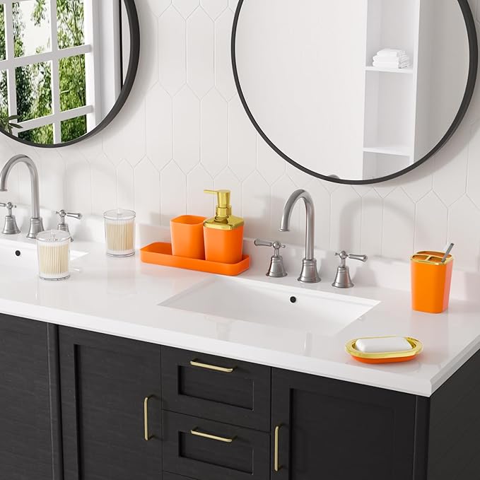 XLHOMO Orange Bathroom Accessories, 24 Pieces Orange and Gold Bathroom Accessories Set with Shower Curtain, Bath Towels, Trash Can, Soap Dispenser and Soap Dish for Bathroom/Housewarming