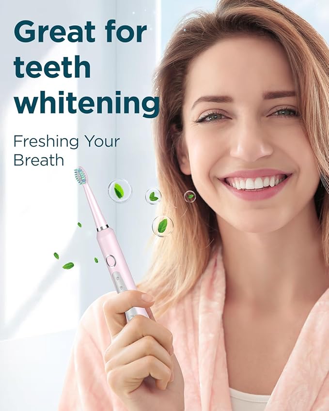 Rtauys M5 Sonic Electric Toothbrush for Adults and Kids - Rechargeable Electric Toothbrush Kids Ages 12+ and Adults with 8 Brush Heads & Travel Case, 120 Days Battery Life - Sakura Pink