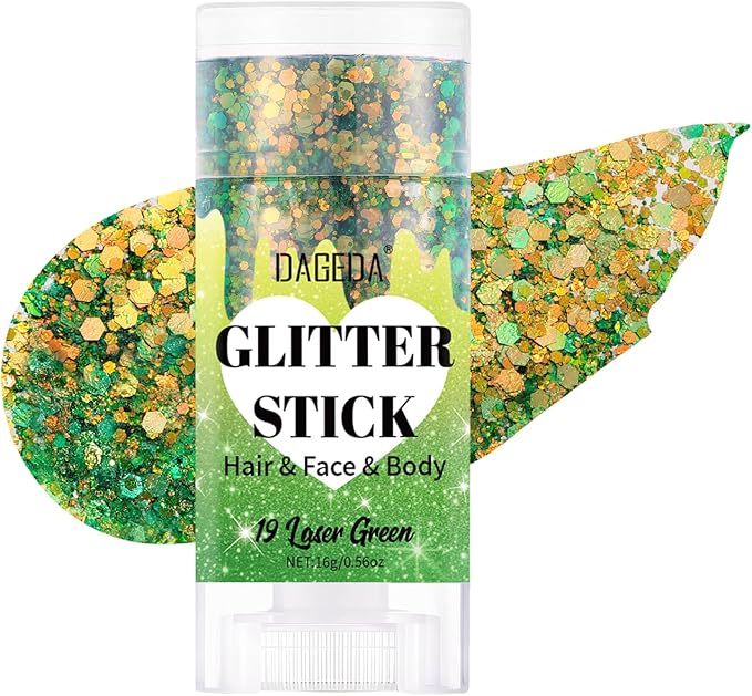 DAGEDA Laser Green Body Glitter Stick,St Patricks Day Accessories,Sparkly Face Glitter Makeup,Holographic Hair Glitters St Paddys Outfits for Women, Shimmer Face Paint Stick for Mardi Gras Accessories