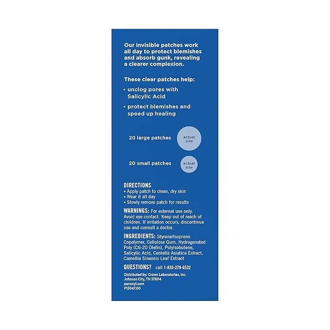 PanOxyl Daytime Invisible Patches, Dermatologist-Recommended Brand, Help Manage Blemishes, Unclog Pores and Exfoliate with Salicylic Acid, 20 Large and 20 Small Patches, Latex-Free, 40ct