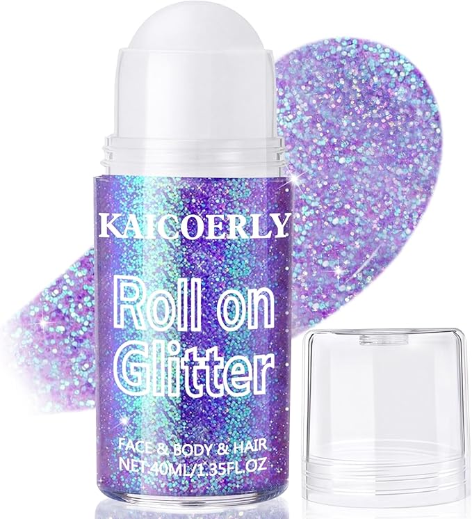 Roll-on Holographic Body Glitter Gel for Women, Sparkle Chunky Glitter Makeup for Christmas New Year Festival Halloween Party Rave, Face Glitter Makeup for Face Body Hair Lips (Purple)