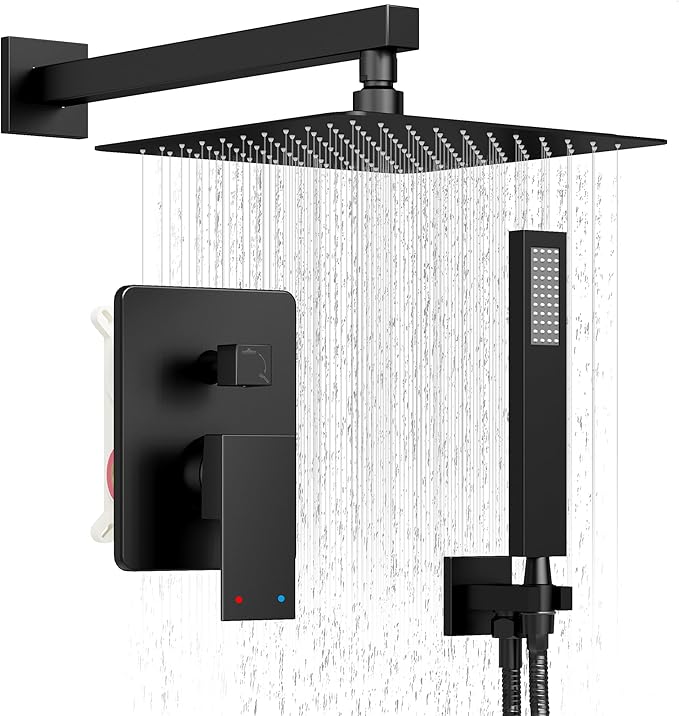 HoliSpa Black Shower System, Shower Faucet Set with 10-Inch Rain Showerhead and Handheld Spray, Wall Mounted High-Pressure Showerhead Combo Set Included Valve and Trim, Matte Black