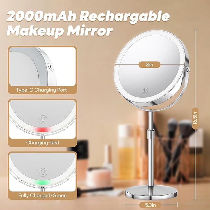 10x/1x Lighted Vanity Makeup Mirror, 2000mAh Rechargeable Height Adjustable Double Sided, Magnifying Mirror with 3 Color Light, Brightness Adjustable, 360° Rotation, Women Gift