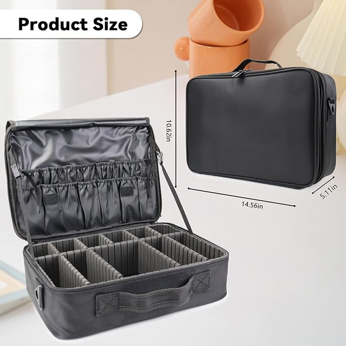 SLUMAZI Travel Makeup Bag Makeup Cosmetic Train Case Organizer Portable Storage Bag with Adjustable Dividers for Cosmetics Makeup Brushes Toiletry Jewelry Black Medium
