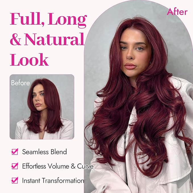 Kookastyle Clip in Hair Extensions, Natural Long Layered Soft Invisible Synthetic Curly Hairpieces for Women,4 pcs(20 Inch，Burgundy)