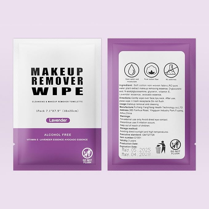 Pack of 200 Makeup Remover Wipes Individually Wrapped,Lavender Scent,Face Cleansing Wipes Bulk, Travel Towelette Makeup Remover Cloth for Face Cleansing Skin Care Remove Makeup
