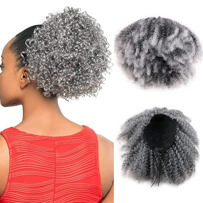 Drawstring Ponytail Afro Kinky Curly Ponytail for Black Women Short Wave Synthetic Ponytail Hair Extension (T1B/Grey,Ombre Grey)
