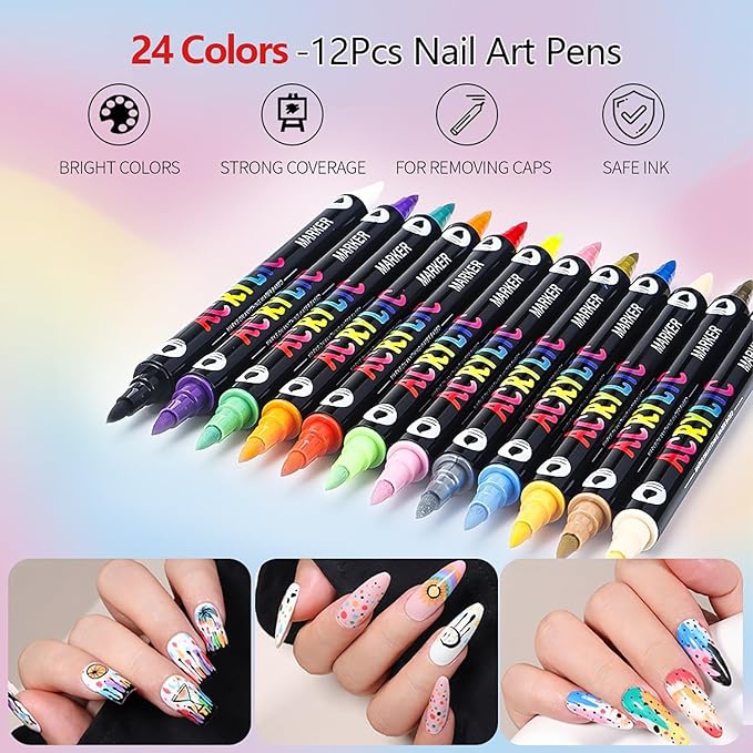 Nail Art Pens 24 Colors Nail Art Pens Set, Nail Art Markers Dual Tip Nail Polish Pens Drawing Painting Pen for Home Salon, Quickly Dry Nail Art Nail Markers DIY Decoration for Women Girls