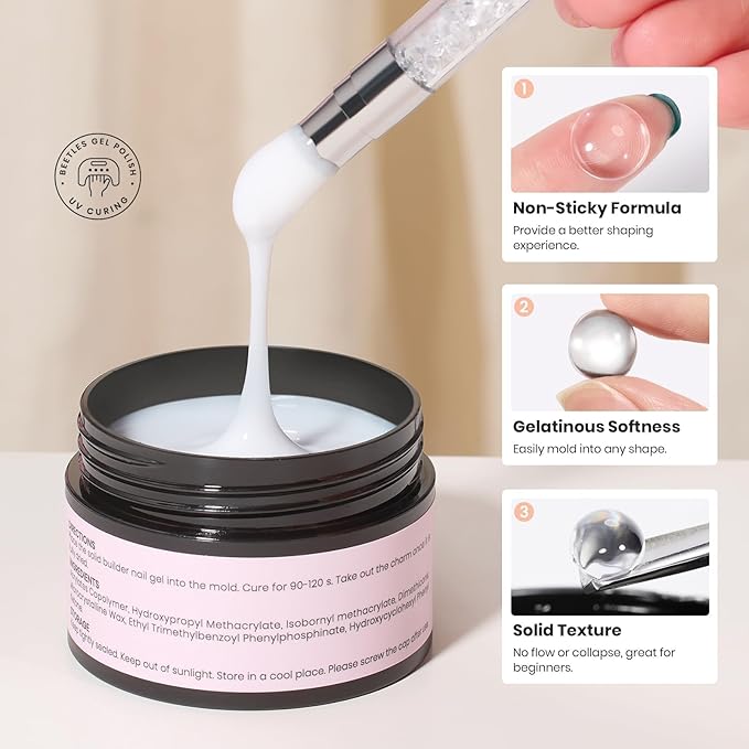Beetles 3D Gel Nail Art-Snowy Cone 5 in 1 Non-Sticky Hand Extension with Rhinestones & Pearls & Glue Double-Head Pen for Women DIY Salon,White Solid Builder Nail Gel, UV&LED Lamp Cured Needed
