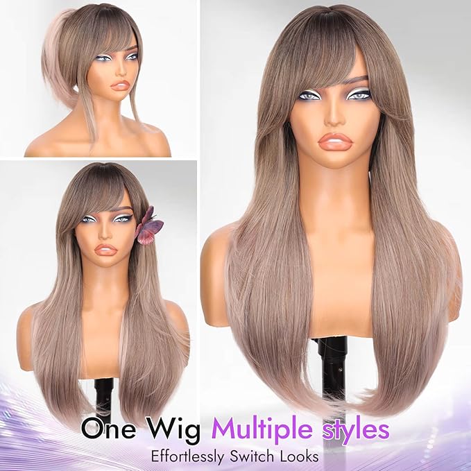 Long Beige Brown Wig with Bangs - Dark Root to Mauve Pink Ombre,4x4 Realistic Scalp,Free Parting,Layered Hairstyle Synthetic Heat Resistant for Daily Party Use 26 inch
