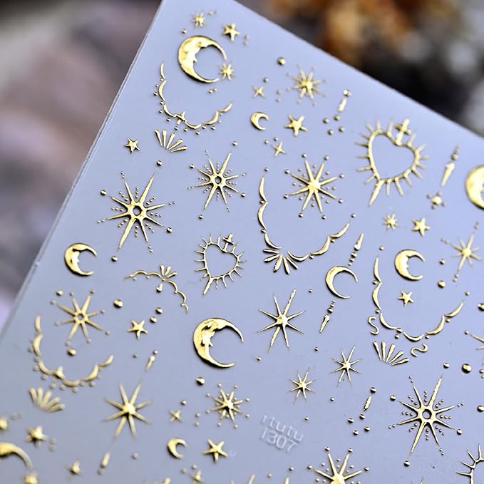 Gold 5D Embossed Nail Stickers Star Nail Stickers for Nail Art with Moon Heart Design Nail Art Stickers Self-Adhesive Gold Nail Decals for Women Manicure Supplies