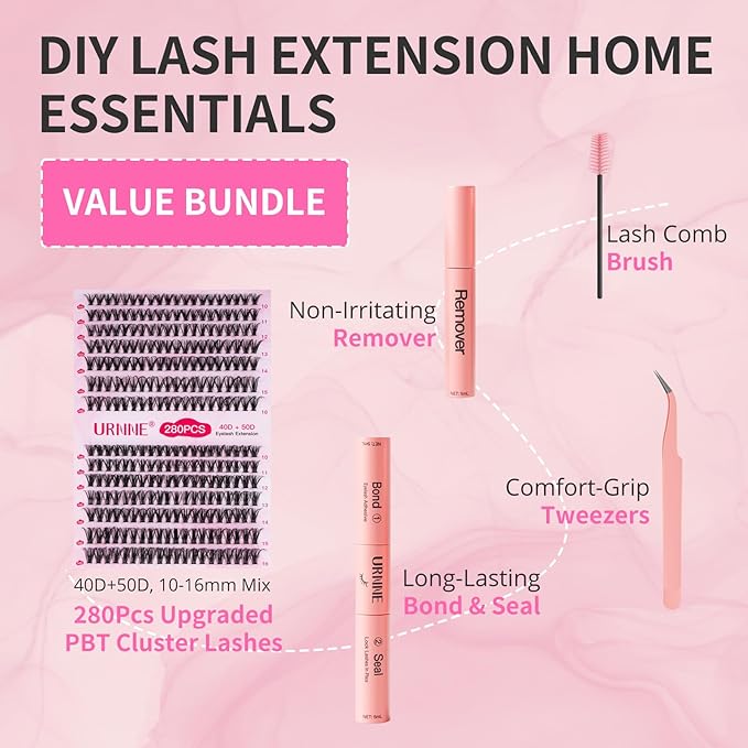 Lash Extension Kit 280PCS Eyelash Extension Kit 10-16mm Lash Clusters 40D+50D Lash Clusters Kit with Bond, Seal, Remover and Tweezers