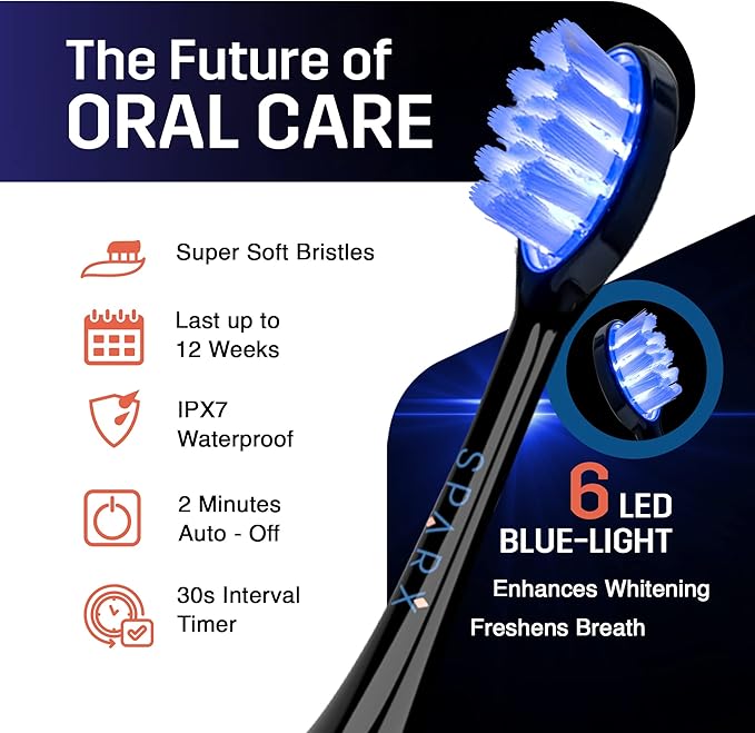 SPARX - Toothbrush Replacement Heads, Brush Heads with Blue Light Therapy for Gum Care, Replacement Brush Heads, Black, 1 Pack