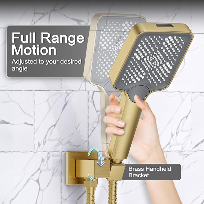 Shower System 13-Inch Rainfall Shower Head - 3 Setting Handheld Sprayer, Complete Bathroom Set with Faucet Mixer Trim Kit & Valve Brushed Gold