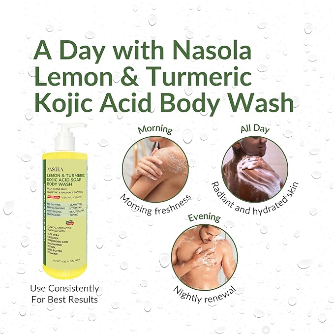 Nasola Lemon Turmeric Kojic Acid Soap Body Wash - Natural Gentle Face & Skin Cleanser with Vitamin C, Shea Butter, Collagen, Niacinamide, Hyaluronic Acid, and Aloe Vera - 11.83 Fl Oz