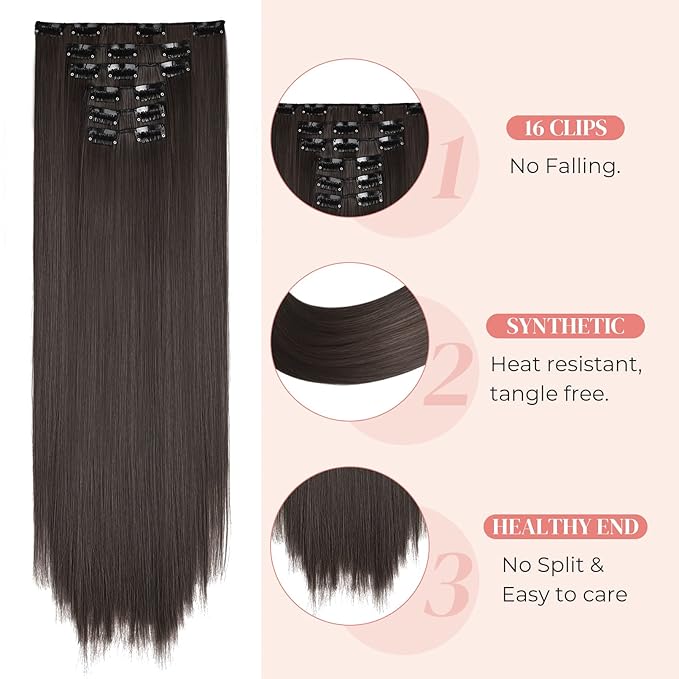 LONAI Clip in Hair Extensions, 6PCS 24" Long Black Brown with Highlight Straight Synthetic Clip On Hairpiece For Women Natural Hair For Daily Use Cosplay Party
