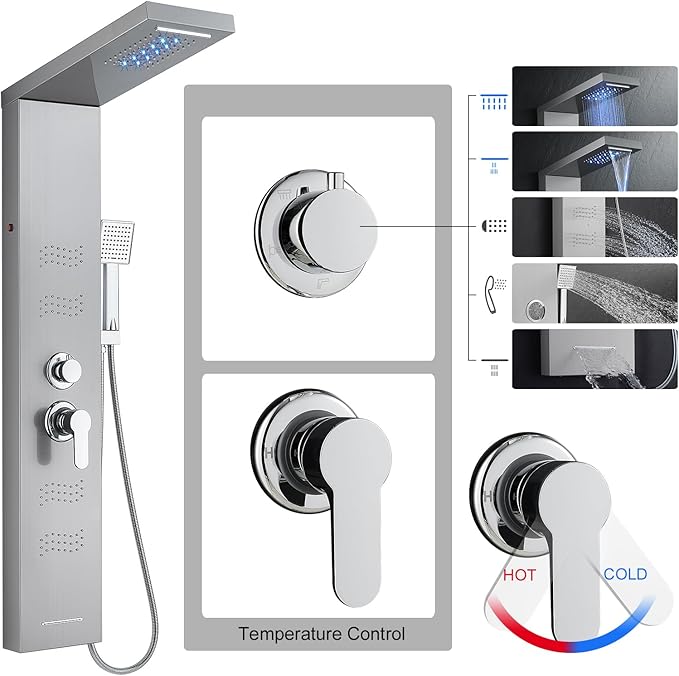 TSIBOMU Shower Panel Tower System with LED Lights, Stainless Steel 5 in 1 Shower Panel with Rainfall Waterfall Shower Head, Body Spray, Handheld Shower, Tub Spout (Brushed)
