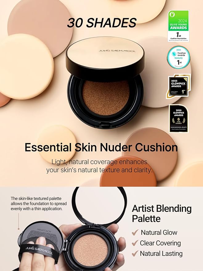 JUNG SAEM MOOL Essential Skin Nuder Cushion | Natural Finish, Buildable Coverage Cushion Foundation by Korean Makeup Artist (Refill Not Included, 0.49 Fl Oz), 19C Pink Light