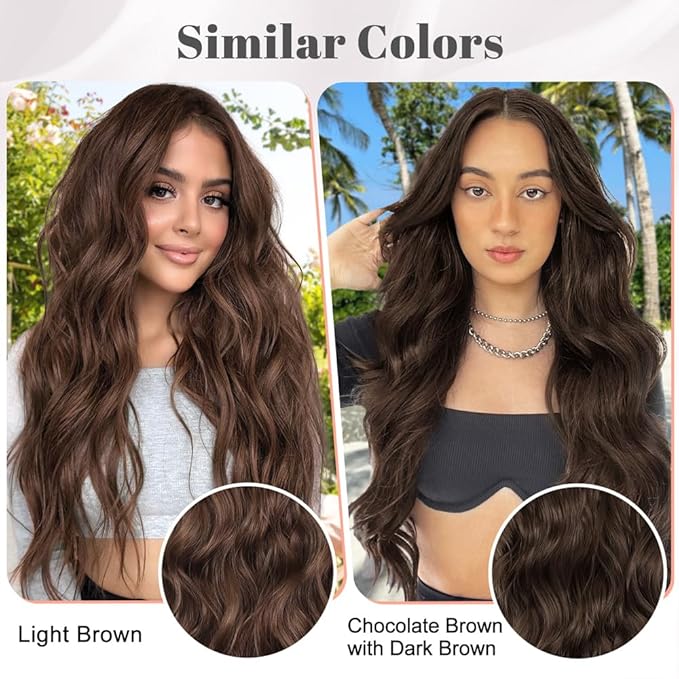 ALXNAN Clip in Long Wavy Synthetic Hair Extension 16 Inch Dark Brown 4PCS Thick Hairpieces Fiber Double Weft Hair for Women