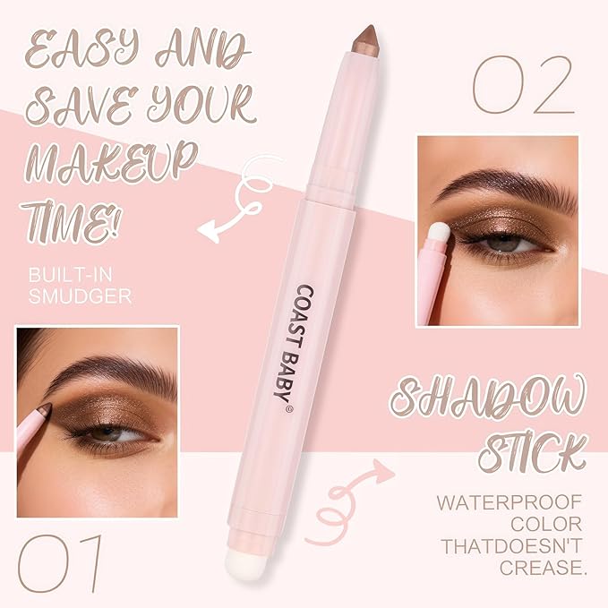 2in1 Cream Eye Shadow Brightener Sticks for Eyes, Neutral Highlighte High Pigmented Makeup with Blending Brush Built-in Sharpener, Long Lasting Eye Makeup sombras en crema para ojos #Cashmere brown