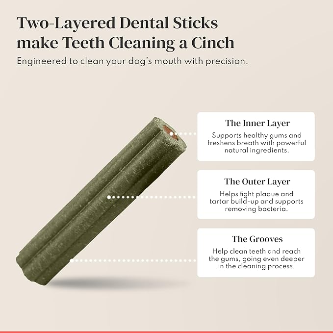 Dental Chews for Dogs – Scrapes Plaque, Freshens Breath, Fights Tartar – Dual-Layered Dog Dental Treats with Probiotics – Vet Formulated with 16 Active Ingredients – All Dog Sizes – Made in The USA