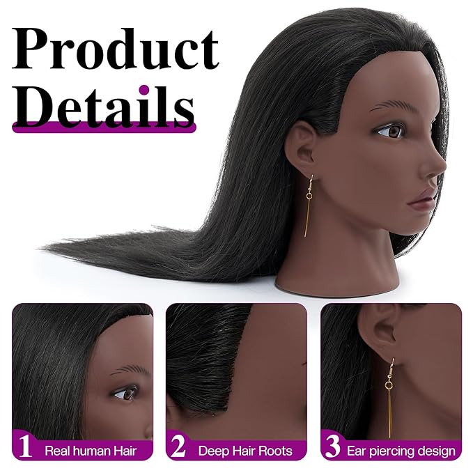 20 Inch Mannequin Head Human Hair with Stand,100% Real Hair Mannequin Head for Braiding,Cosmetology Manikin Doll Head for Styling with Mannequin Head Stand Table Clamp Hair Braiding Set