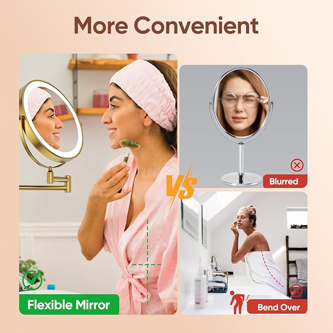 GURUN 8" Wall Mounted Lighted Makeup Mirror, 4500mAh Rechargeable 1&7X Magnifying Mirror with Light, | 3 Color LED Lighting & Touch Control | 360° Rotation & Extended Arm Wall Mounted Makeup Mirror