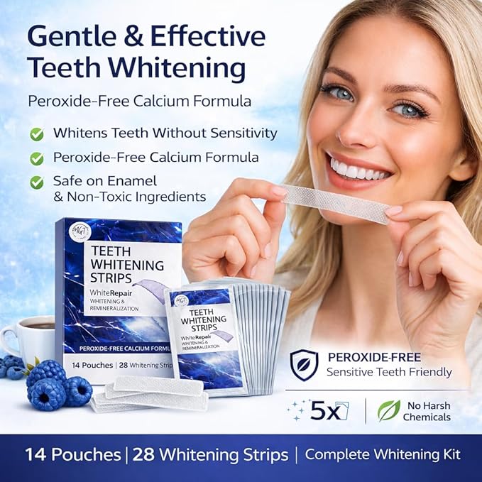 Teeth Whitening Strips, Peach Flavor Inspired, Comfort Fit Adhesive, Fresh Taste, 28 Strips in 14 Sealed Pouches, at Home Smile Brightening Routine