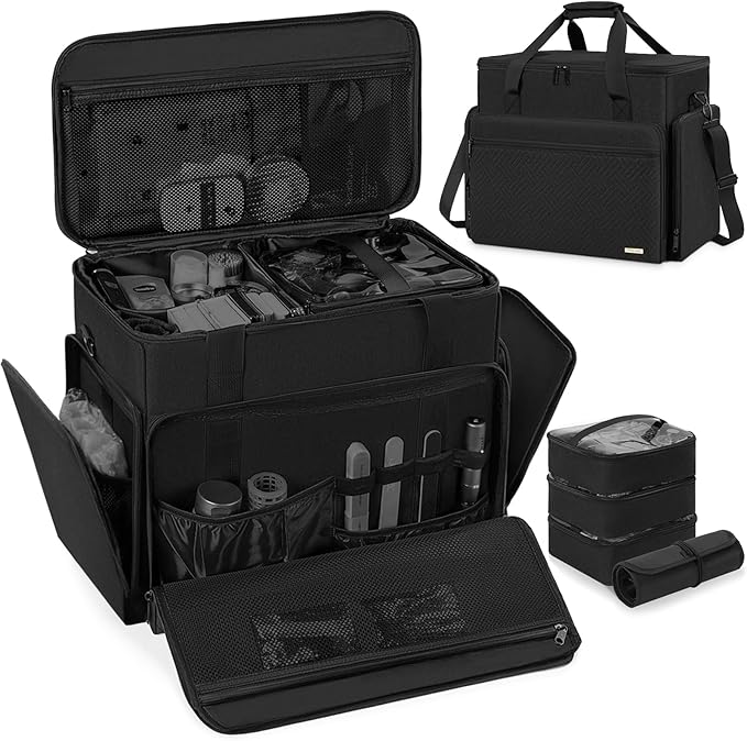 FREEAMG Extra Large Makeup Case with 4 Removable Pouches, Professional Make up Train Case, Travel Cosmetic Bag for Hairstylists Nail Tech Makeup Artist with Shoulder Strap and Handle (Black)（Bag only）