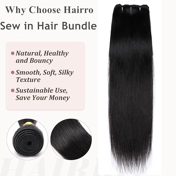 Hairro Sew in Human Hair Extensions Real Hair, 100g/bundle Weave Weft for Women Adding Volume and Length, for DIY Beauty Dating Party, 24 Inch One Bundle Straight Off Black