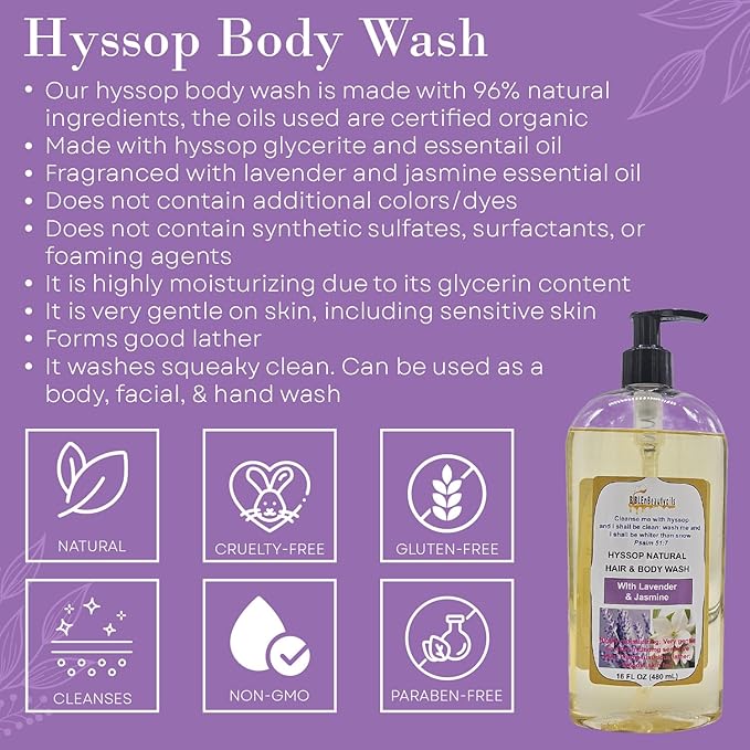 BIBLE N Beautyoils Cleanse Me With Hyssop Natural Hair and Body Wash, Organic Hyssop Infused Shampoo and Body Wash for Nourishing and Refreshing Hair & Body Cleansing
