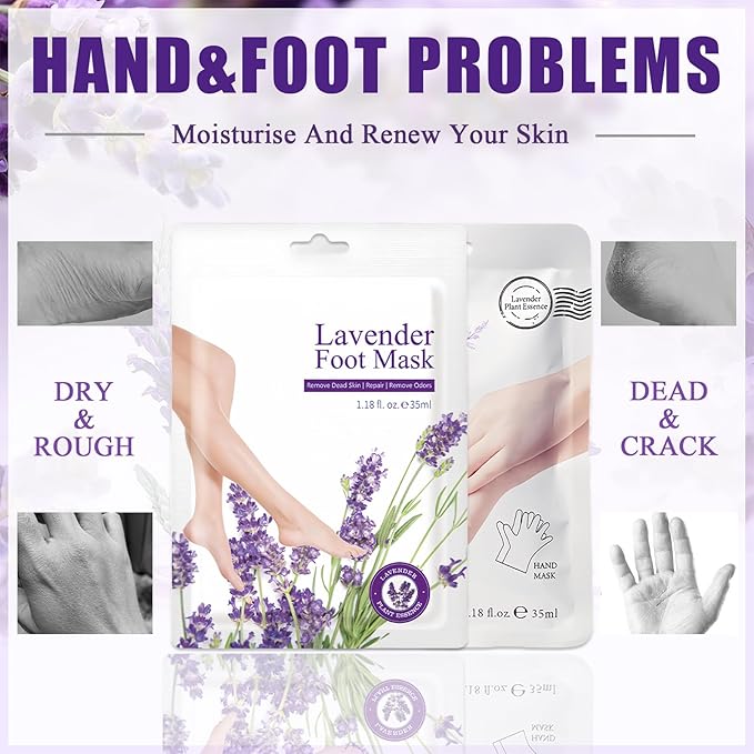 Lavender Hand and Feet Mask, 5 Pairs Hydrating Hand Mask, 5 Pairs Foot Peel Masks, Softening Hand Mask Gloves and Foot Masks Moisturizing Socks for Men Women Dry, Rough,Cracked Skin