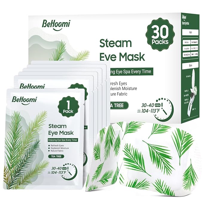 BeHoomi 30Packs Steam Eye Mask, Heated Eye Mask Warm Compress for Eyes, Self Heating Disposable Steam Mask for Home Sleep, Spa, Travel Essentials & Relaxation Gifts, Stocking Stuffers (Tea Tree)