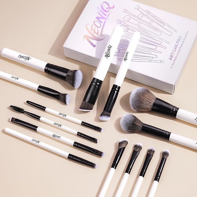 NEONIQ 14 PCS Professional Makeup Brushes, Makeup Brush Set, Foundation Powder Blending Concealer Eyeshadows Blush Cosmetics Brushes,Versatile Face Make Up Tools For Liquid, Cream, Loose(White)