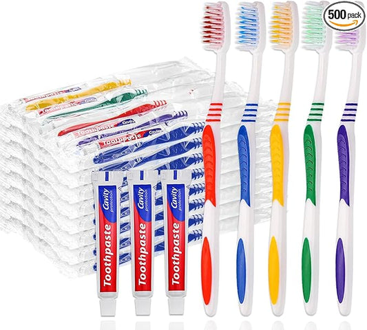 500 Pcs Disposable Toothbrushes with Toothpaste Individually Wrapped, 10g Travel Toothpaste Single Use Manual Toothbrush for Adults Guests Travel Hotel Homeless (5 Colors)