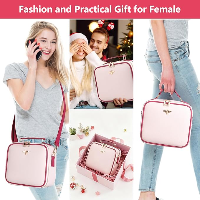 GIUWESOY Travel Makeup Bag with Light Up Mirror, Portable Makeup Bag with Led Light Women Waterproof Makeup Travel Case adjustable dividers Rechargeable Vanity Mirror with 3 Color Lights (Pink)