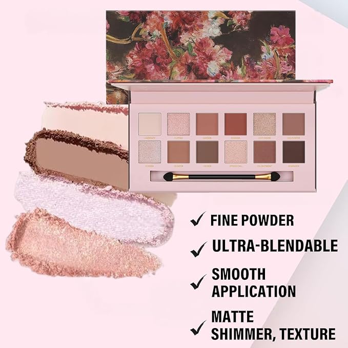 K'APEINE Warm Brown Eyeshadow Palette, 12 Colors Blush Eyeshadow Pink Red Eye Shades Matte Shimmer Eye Shadow with Eyeshadow Brush High-Pigmented Makeup Palette for Women Daily, Party, Music Festival