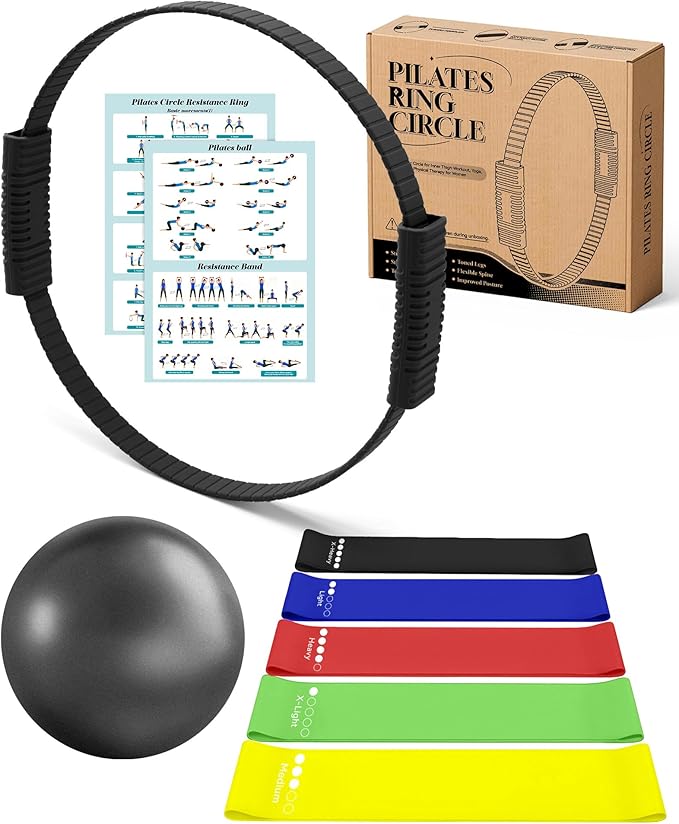 Pilates Ring Set, Home Pilates Kit for Women Pilates Equipment Ring and Ball Set Magic Circle Hoop with 5 Resistance Bands Compact Toning Fitness Essentials Starter Set Accessories