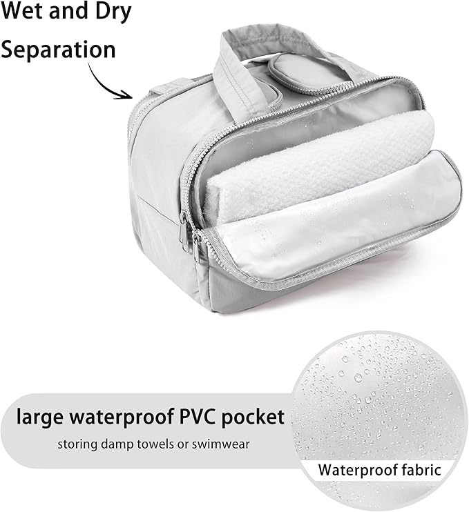 BUZFOWU Travel Toiletry Bag for Women, Large Wide-open Puffy Cosmetic Makeup Bag with Wet-Dry Separation, Multi-Pocket Organizer with Carry Handle for Toiletries, Cosmetics, Essentials, Light Grey