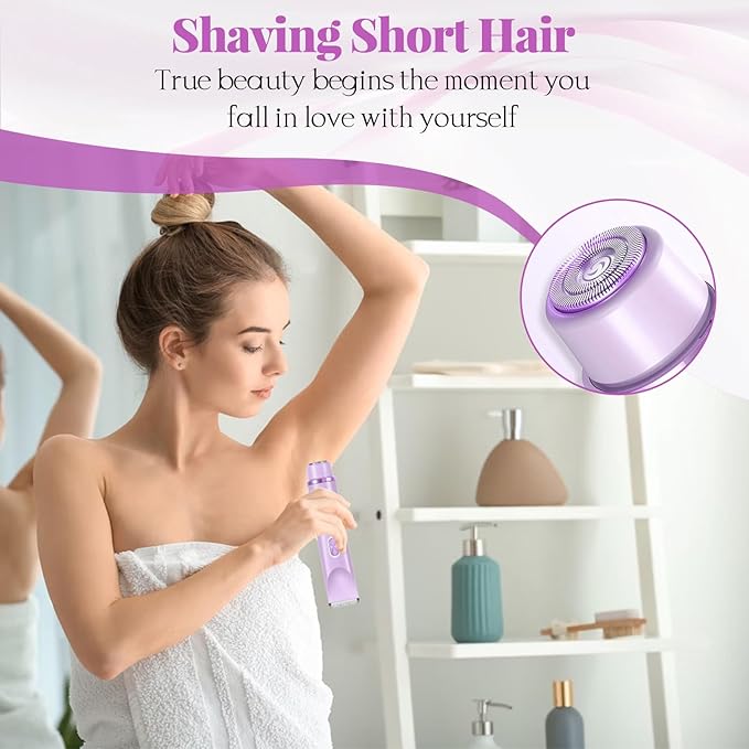 Bikini Trimmer for Women, 2-in-1 Painless Electric Razor with Ceramic Blade, Cordless for Sensitive Skin, Waterproof Dual Head Shaver Women for Facial and Body (Purple)