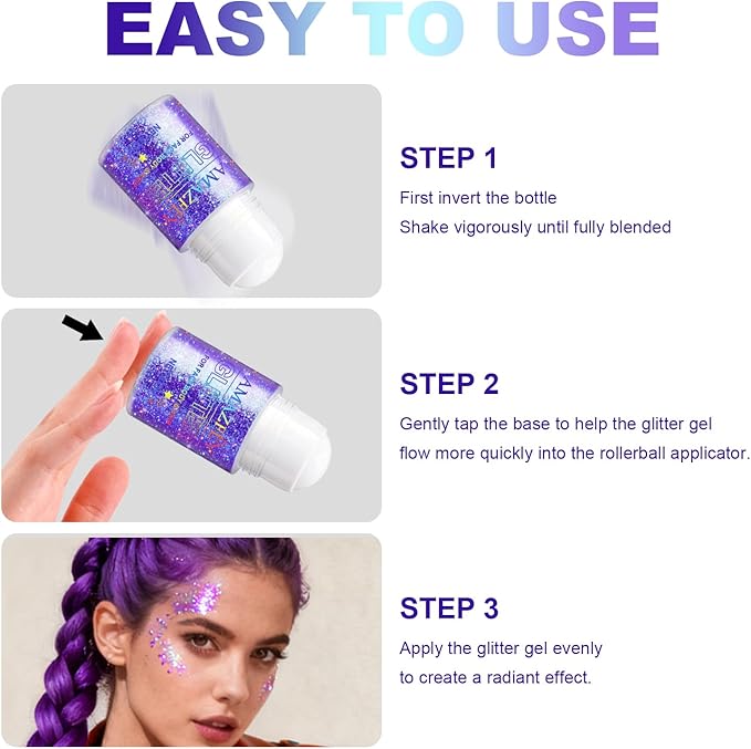 1PC Roll-on Holographic Body Glitter Gel for Body, Hair, Face, Chameleon Color Changing Glitter Gel Under Light, Chunky Mermaid Sequins Festival Party Rave Accessories Shimmer Makeup (Purple)