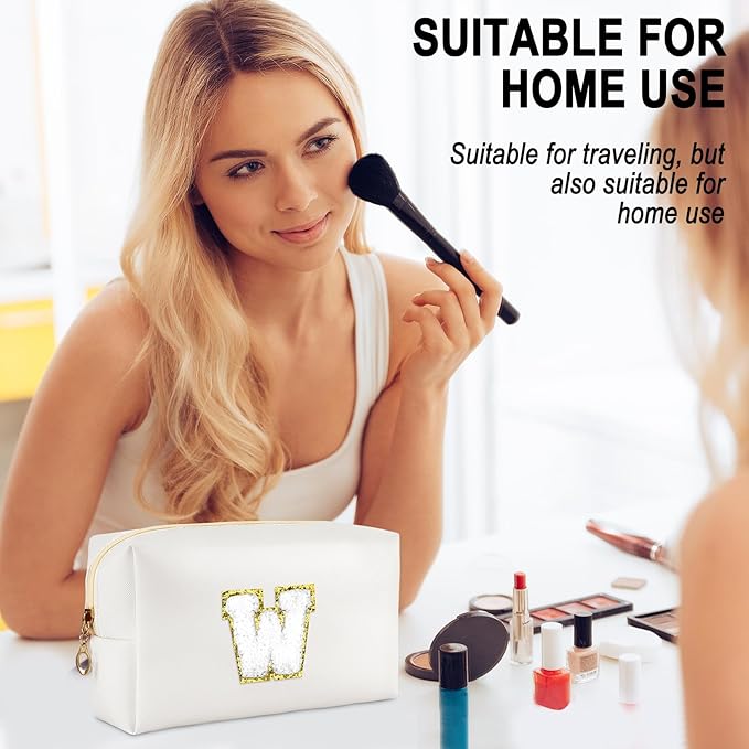 URSKYTOUS Gifts for Girls Initial Makeup Bag Personalized Cosmetic Bag with Zipper Cute Travel Toiletry Bags Waterproof PU Preppy Makeup Pouch Birthday Gift for Teen Girls Women(White W)