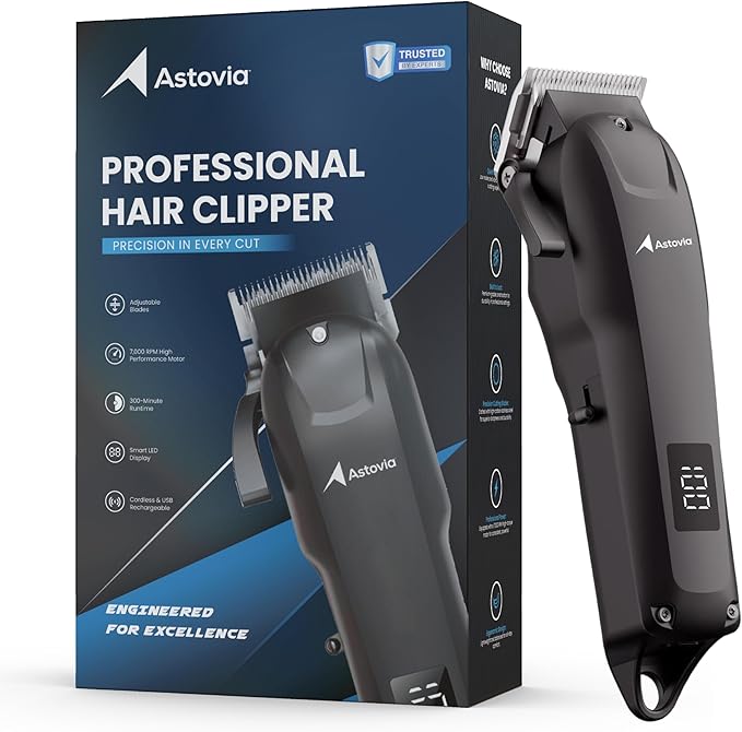 Professional Hair Clippers for Men – Zero-Gap Adjustable Blade, Long-Lasting 300-Min Battery, Quiet + Powerful Motor, LED Display – Cordless Barber Clipper for Fades & Lineups